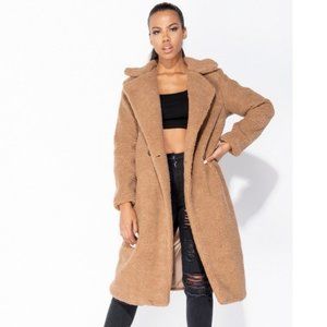 Brown Double Breasted Long Sleeve Long Maxi Borg Teddy Bear Fur Coat